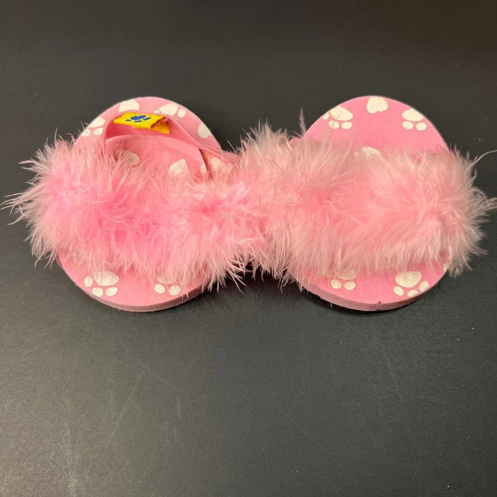 Build-A-Bear‎ OS Slippers Plush Pink Excellent Marabou Feather Paw Print Slides